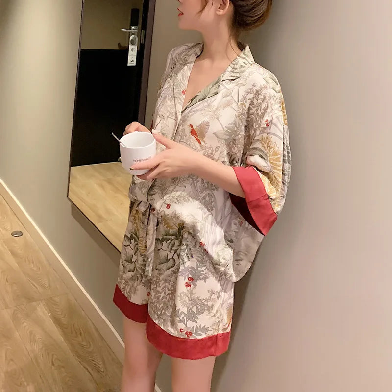 IMIEMIE Summer Women Pajama Set Short Sleeve Pajamas for Woman Stain Silk Fashion Luxury Pijamas Flowers Bird Print Lapel Sleepwear