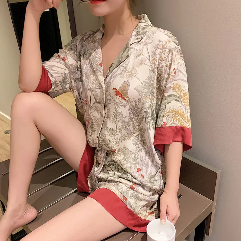 IMIEMIE Summer Women Pajama Set Short Sleeve Pajamas for Woman Stain Silk Fashion Luxury Pijamas Flowers Bird Print Lapel Sleepwear