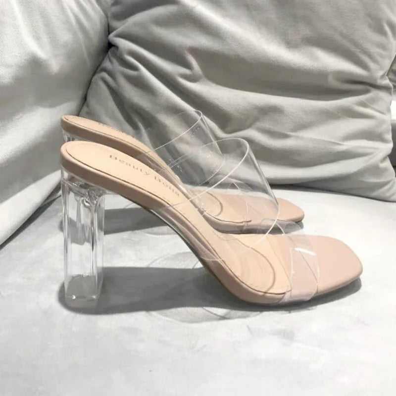 IMIEMIE Summer Women Pumps Sandals PVC Jelly Slippers Open Toe High Heels Women Transparent Perspex Slippers Shoes Heel Clear Sandals