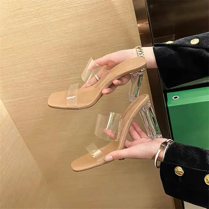 IMIEMIE Summer Women Pumps Sandals PVC Jelly Slippers Open Toe High Heels Women Transparent Perspex Slippers Shoes Heel Clear Sandals