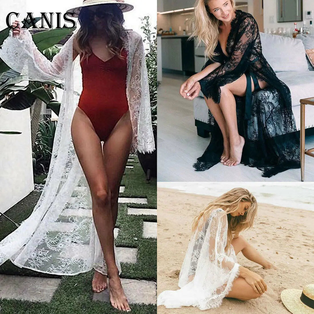 IMIEMIE Summer Women Swimsuit Beach Cover-Ups Lace Kimono Blouse Coat Boho Casual Cardigan Bikini Cover Up Dress Female Bathing Suit