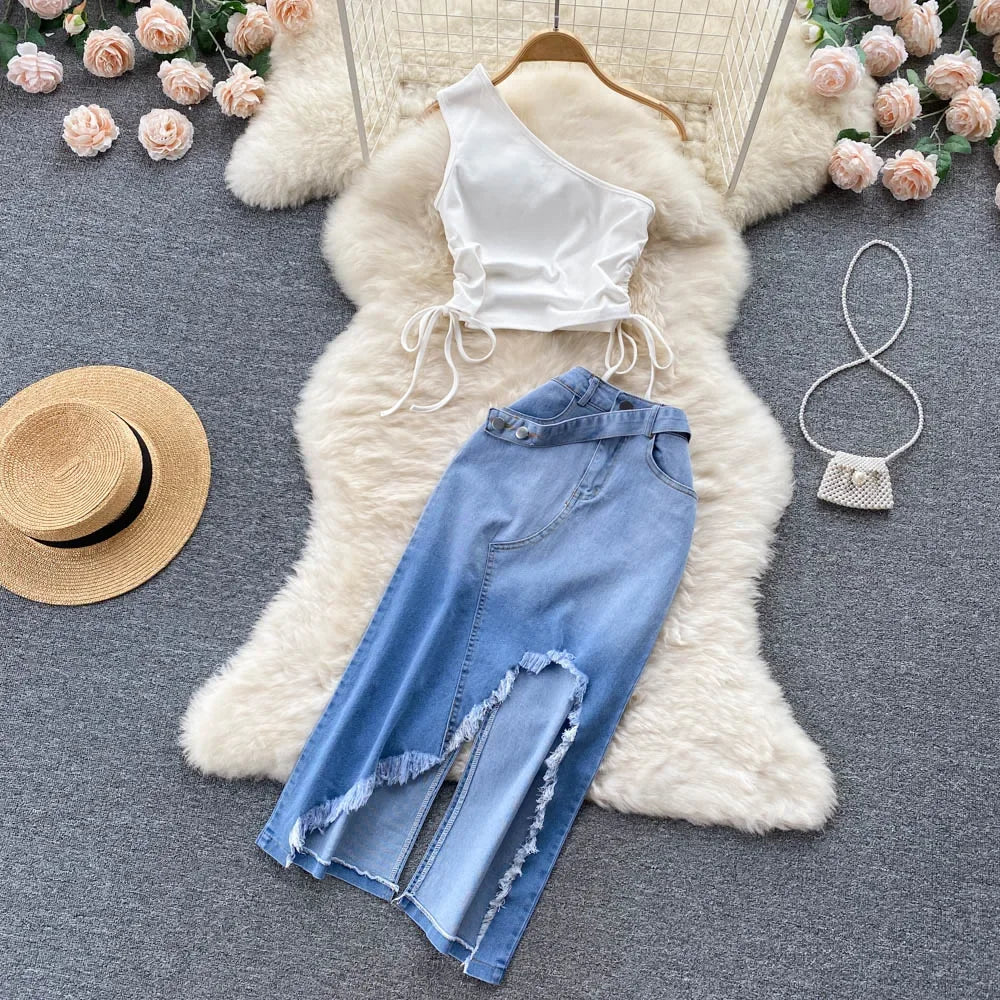 IMIEMIE Summer Women Two 2 Piece Set Sexy  One Shoulder Crop Top+High Waist Button-up Denim Skirts Korean Office Lady Sleeveless Suits