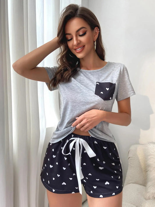 IMIEMIE Summer Women's Pajamas Set Screw Neck Tee & Shorts Sleepwear 2 Pieces Heart Print Nightwear Elastic Drawstring Homewear Cloth