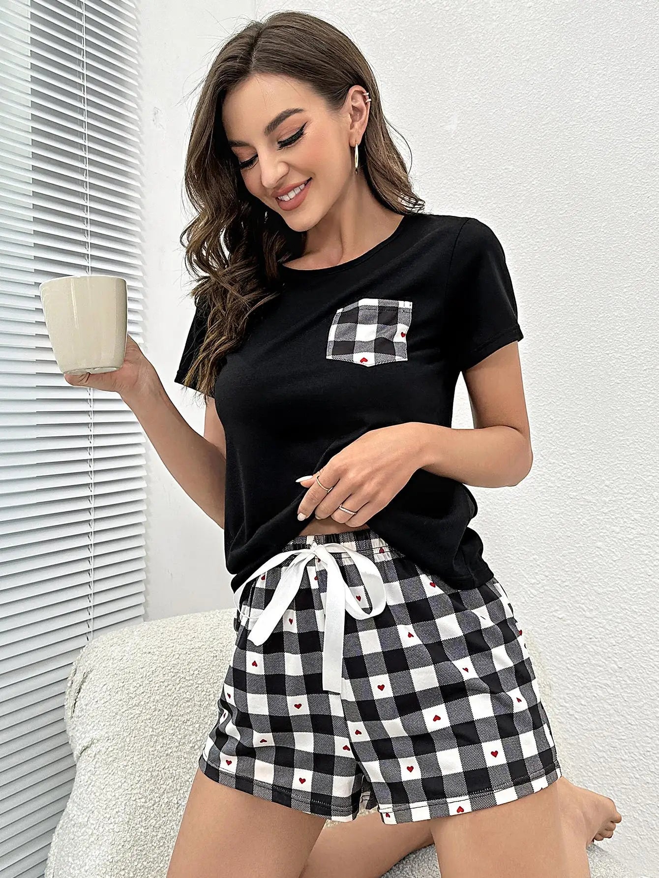 IMIEMIE Summer Women's Pajamas Set Screw Neck Tee & Shorts Sleepwear 2 Pieces Heart Print Nightwear Elastic Drawstring Homewear Cloth