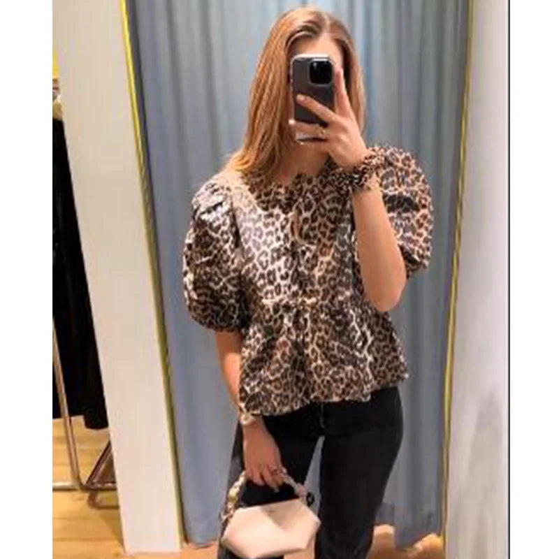 IMIEMIE Summer leopard blouse women blouse Shirts and blouses short puff sleeve shirt elegant female blouses top female Streetwear 2024