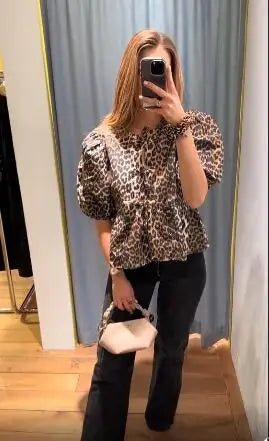 IMIEMIE Summer leopard blouse women blouse Shirts and blouses short puff sleeve shirt elegant female blouses top female Streetwear 2024