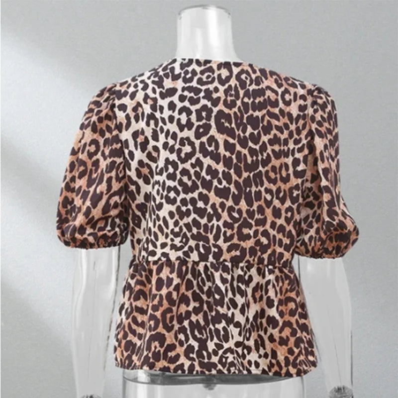 IMIEMIE Summer leopard blouse women blouse Shirts and blouses short puff sleeve shirt elegant female blouses top female Streetwear 2024