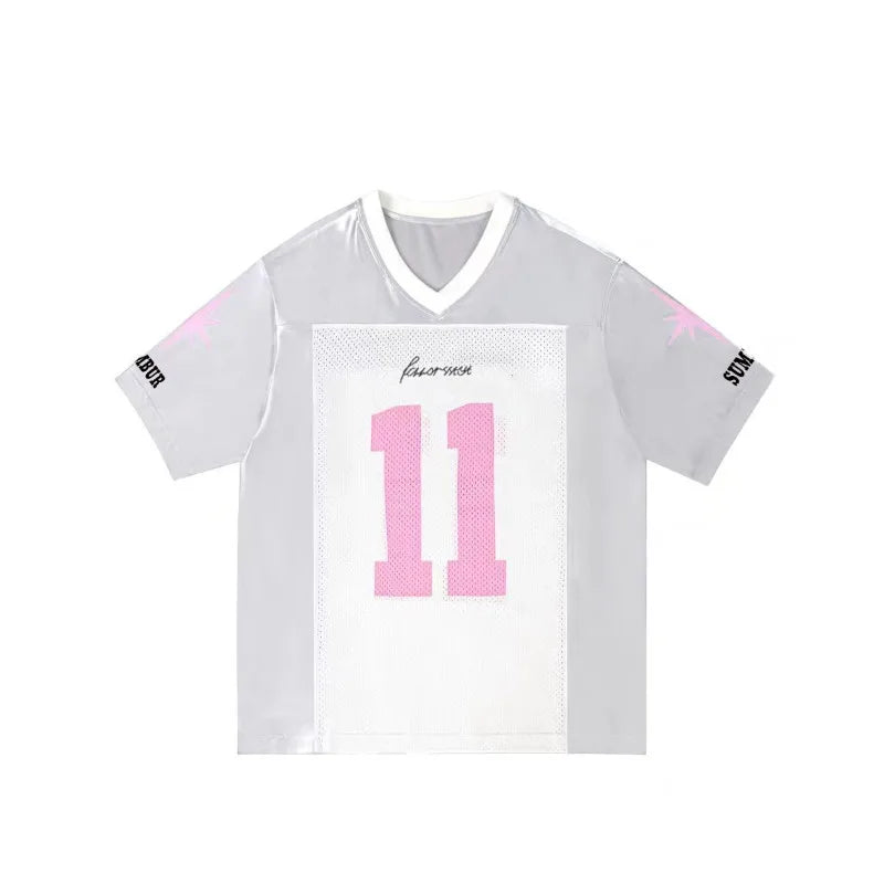 IMIEMIE Summer pink digital splicing design V-neck jersey casual versatile T-shirts for womens y2k classic comfortable couple baggy tops