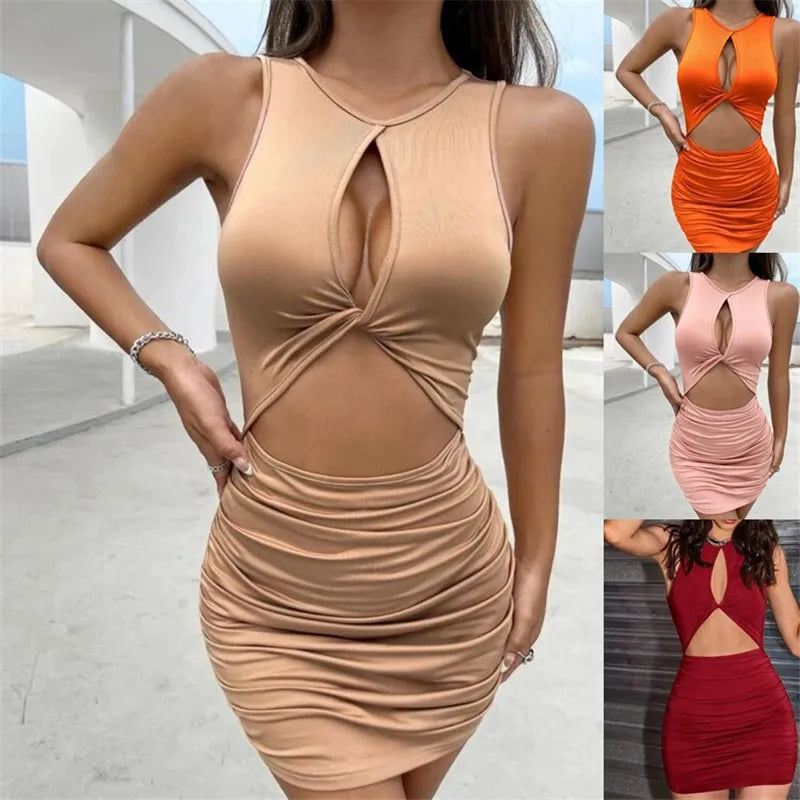 IMIEMIE Summer women's tight fitting nightclub dress, sexy hollow out pleated suspender dress for women