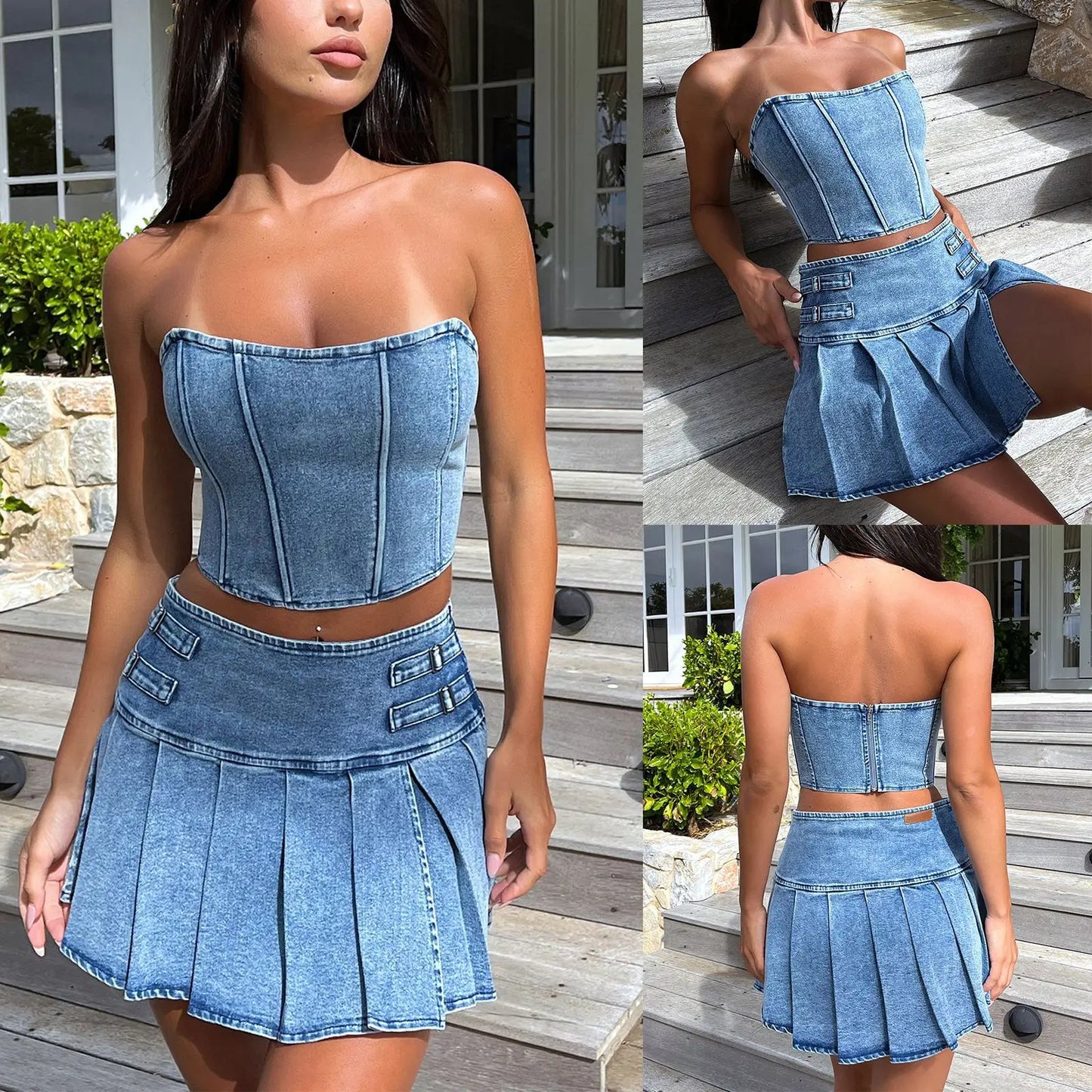 IMIEMIE Summer y2k Dress Girls Tube Top Denim Suit Sleeveless Hot Sexy Navel Exposed High Waist Slit Skirt  Women Dress New 2024