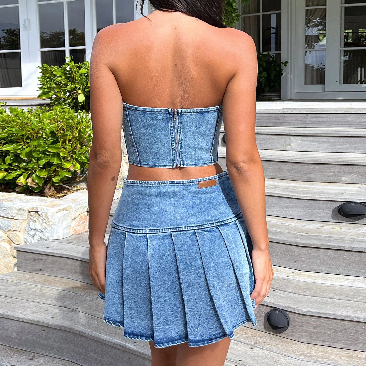 IMIEMIE Summer y2k Dress Girls Tube Top Denim Suit Sleeveless Hot Sexy Navel Exposed High Waist Slit Skirt  Women Dress New 2024