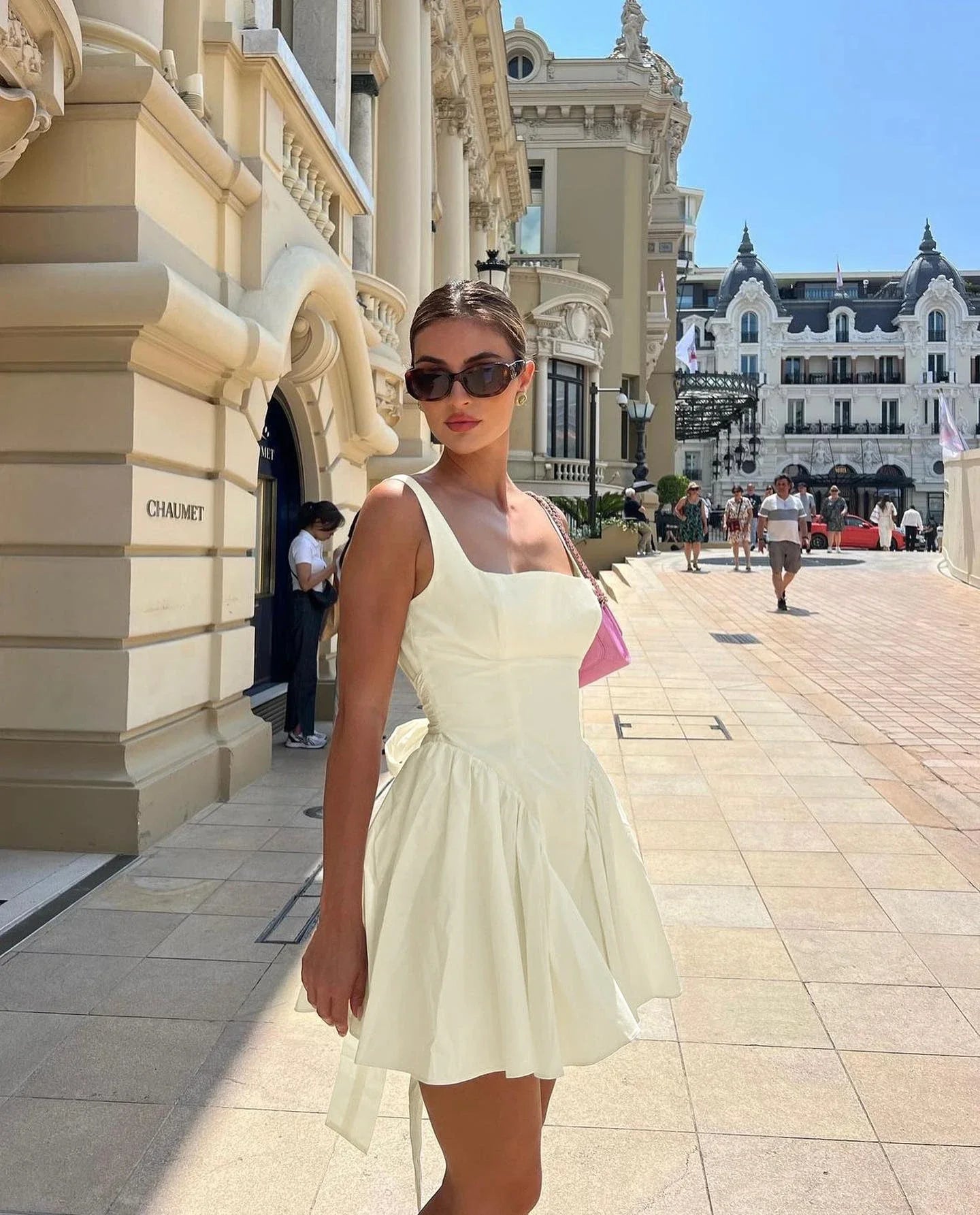 IMIEMIE Suninheart Summer Sexy Square Collar Backless Party Dresses Mini White Drape A Line Night Date Dress Big Bow Women New In Dress