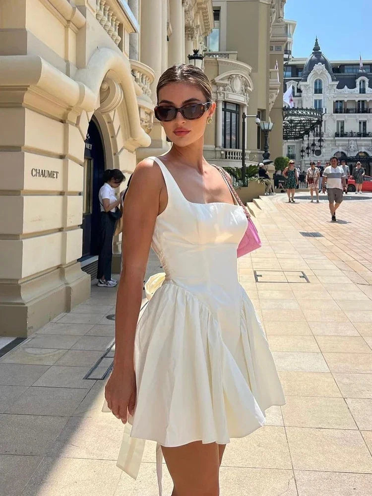 IMIEMIE Suninheart Summer Sexy Square Collar Backless Party Dresses Mini White Drape A Line Night Date Dress Big Bow Women New In Dress