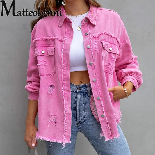 HAIPURUNSweet Color Splicing Pocket Denim Jacket Female Fashion Streetwear Lapel Long Sleeves Single-breasted Cardigan Loose Women Coat