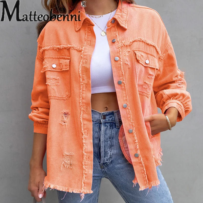 IMIEMIE Sweet Color Splicing Pocket Denim Jacket Female Fashion Streetwear Lapel Long Sleeves Single-breasted Cardigan Loose Women Coat