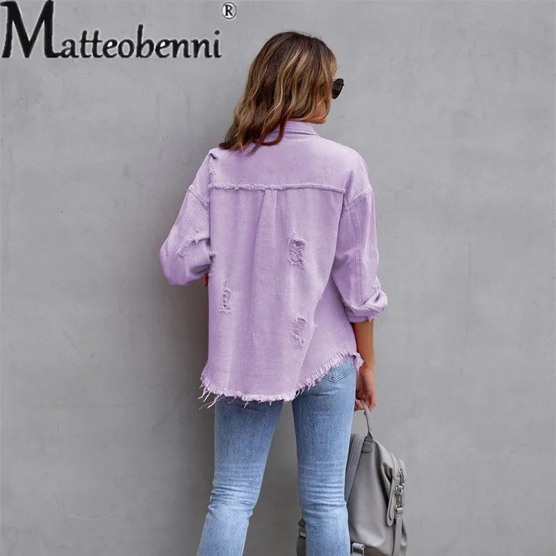 HAIPURUNSweet Color Splicing Pocket Denim Jacket Female Fashion Streetwear Lapel Long Sleeves Single-breasted Cardigan Loose Women Coat