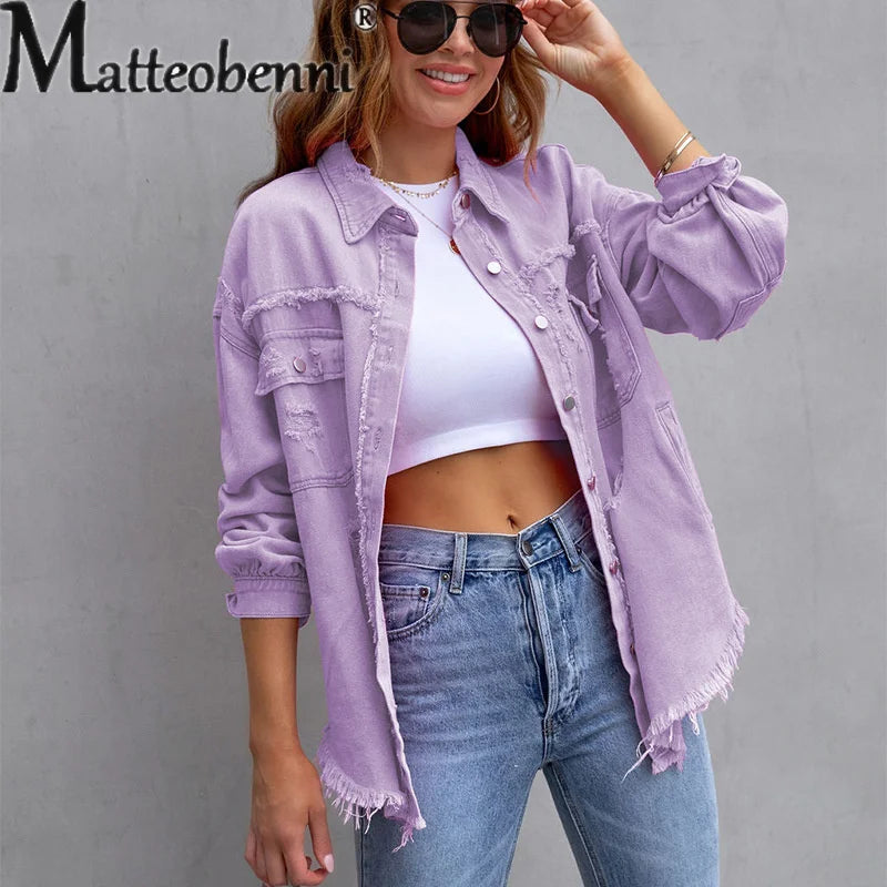 HAIPURUNSweet Color Splicing Pocket Denim Jacket Female Fashion Streetwear Lapel Long Sleeves Single-breasted Cardigan Loose Women Coat