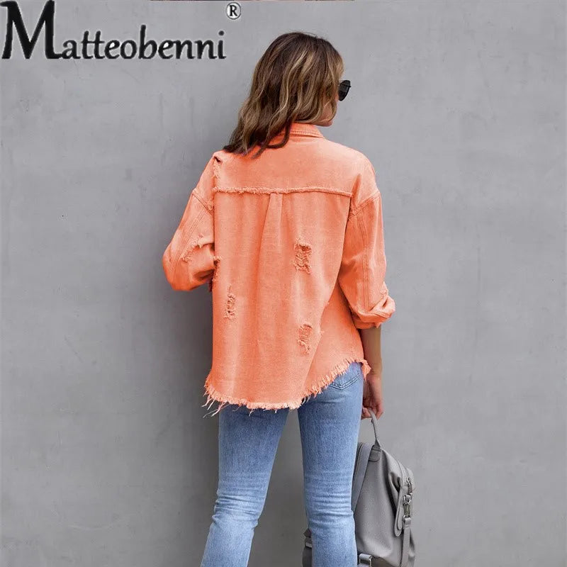 IMIEMIE Sweet Color Splicing Pocket Denim Jacket Female Fashion Streetwear Lapel Long Sleeves Single-breasted Cardigan Loose Women Coat