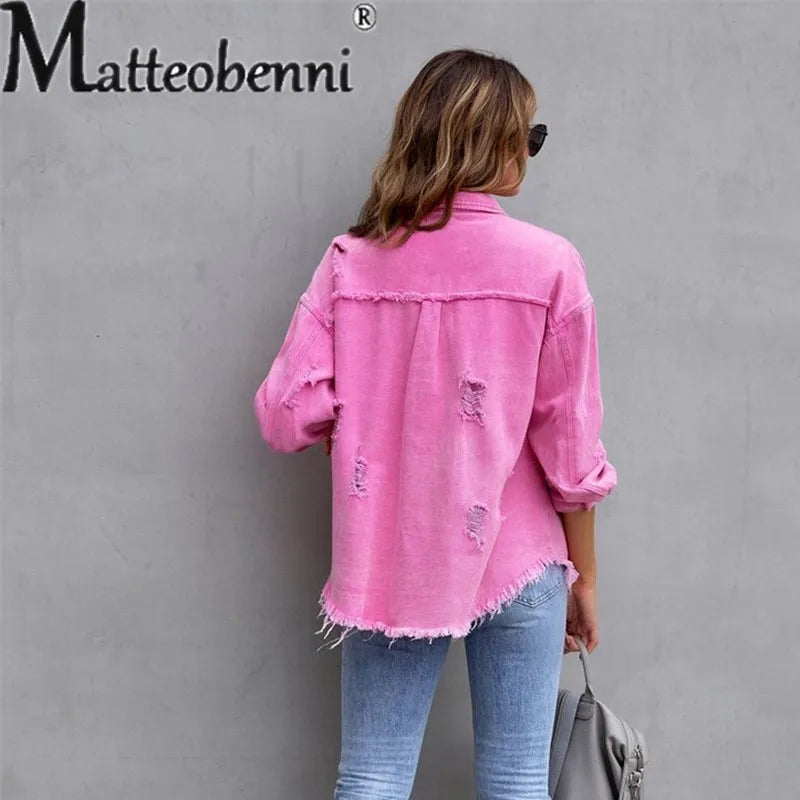 HAIPURUNSweet Color Splicing Pocket Denim Jacket Female Fashion Streetwear Lapel Long Sleeves Single-breasted Cardigan Loose Women Coat