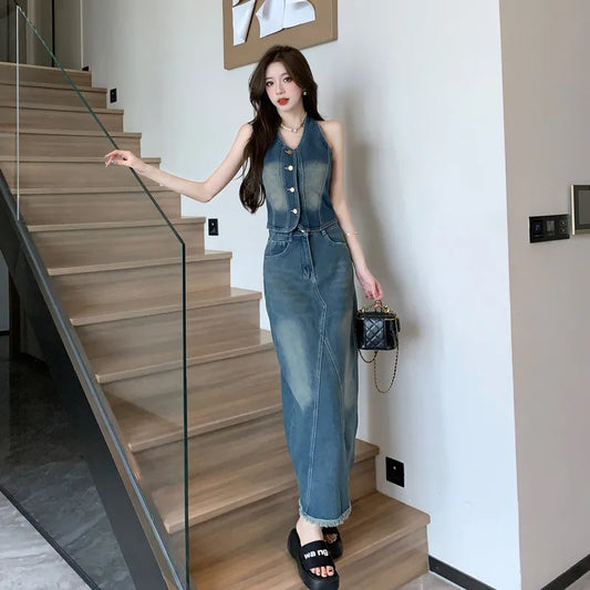 IMIEMIE Sweet Hot Girl Denim Suit Women's Summer Backless Halter Neck Vest High Waisted Denim Long Skirt Two-piece Set Female Clothes