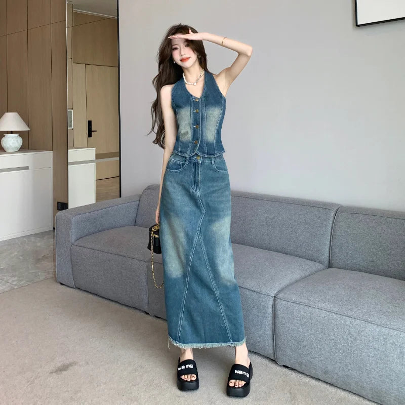 IMIEMIE Sweet Hot Girl Denim Suit Women's Summer Backless Halter Neck Vest High Waisted Denim Long Skirt Two-piece Set Female Clothes