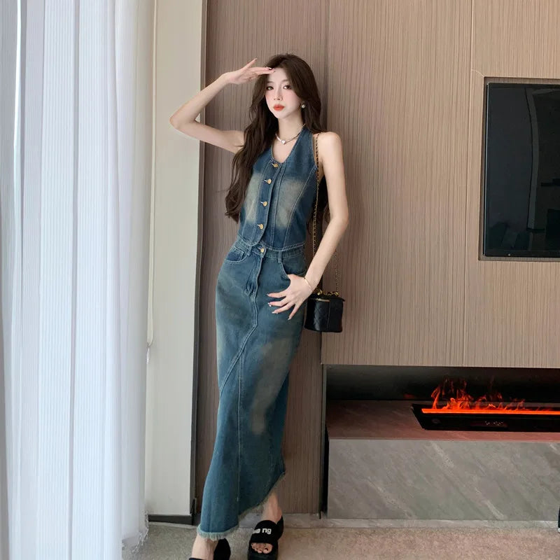 IMIEMIE Sweet Hot Girl Denim Suit Women's Summer Backless Halter Neck Vest High Waisted Denim Long Skirt Two-piece Set Female Clothes