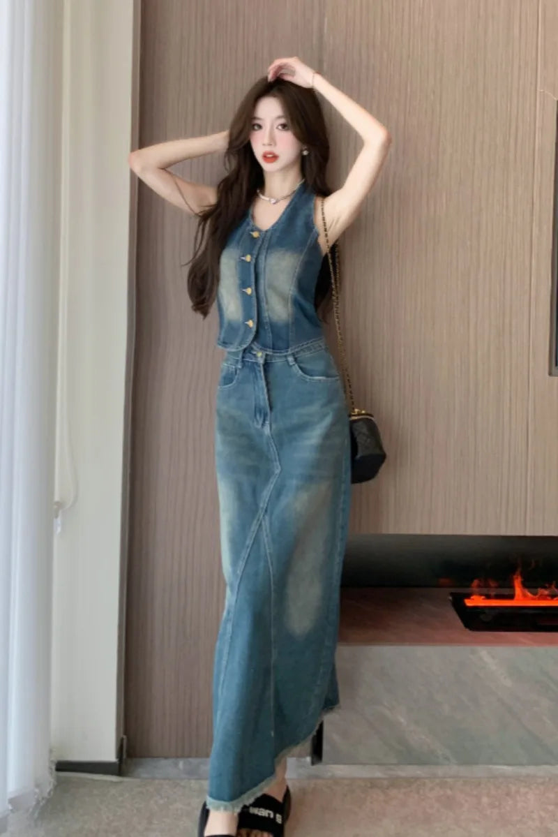 IMIEMIE Sweet Hot Girl Denim Suit Women's Summer Backless Halter Neck Vest High Waisted Denim Long Skirt Two-piece Set Female Clothes