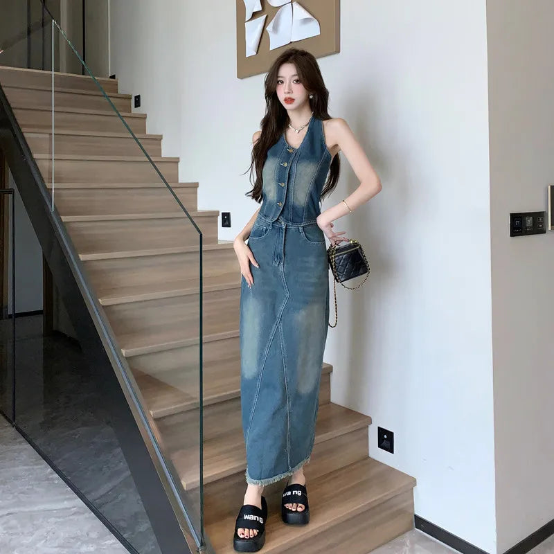 IMIEMIE Sweet Hot Girl Denim Suit Women's Summer Backless Halter Neck Vest High Waisted Denim Long Skirt Two-piece Set Female Clothes