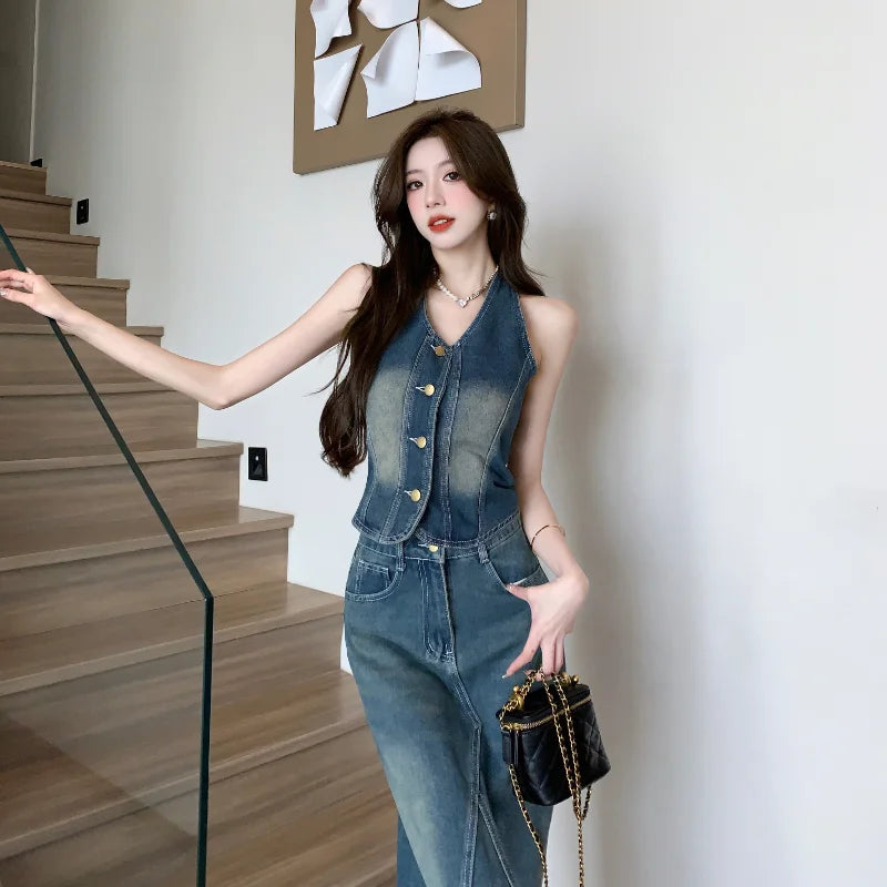 IMIEMIE Sweet Hot Girl Denim Suit Women's Summer Backless Halter Neck Vest High Waisted Denim Long Skirt Two-piece Set Female Clothes