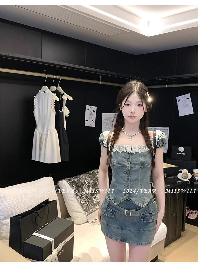 IMIEMIE Sweet Hot Girl Denim Suit Women's Summer Square Collar Slim Fit Lace Denim Top High Waisted Skirt Two-piece Set Female Clothes