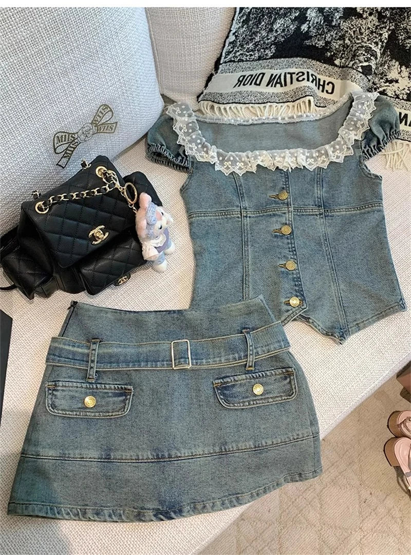 IMIEMIE Sweet Hot Girl Denim Suit Women's Summer Square Collar Slim Fit Lace Denim Top High Waisted Skirt Two-piece Set Female Clothes