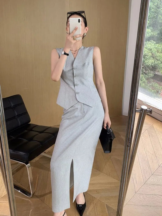 IMIEMIE Sweet Hot Girl Grey Striped Suit Women's Summer Sleeveless Vest High Waist Split Long Skirt Two-piece Set Fashion Female Clothes