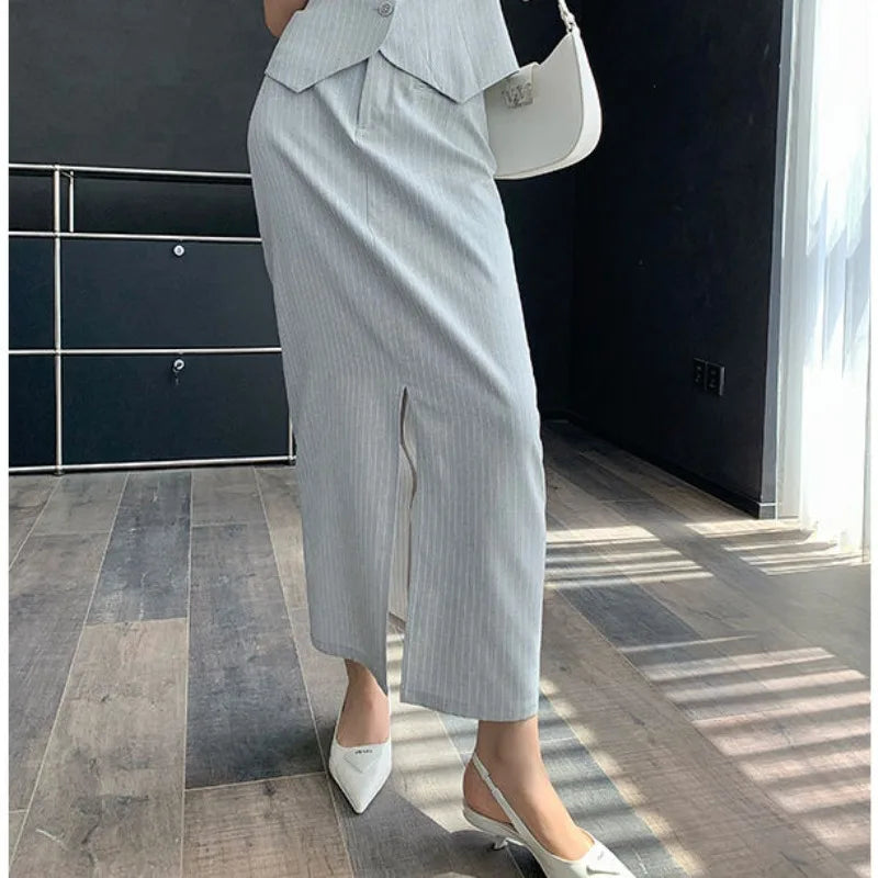 IMIEMIE Sweet Hot Girl Grey Striped Suit Women's Summer Sleeveless Vest High Waist Split Long Skirt Two-piece Set Fashion Female Clothes