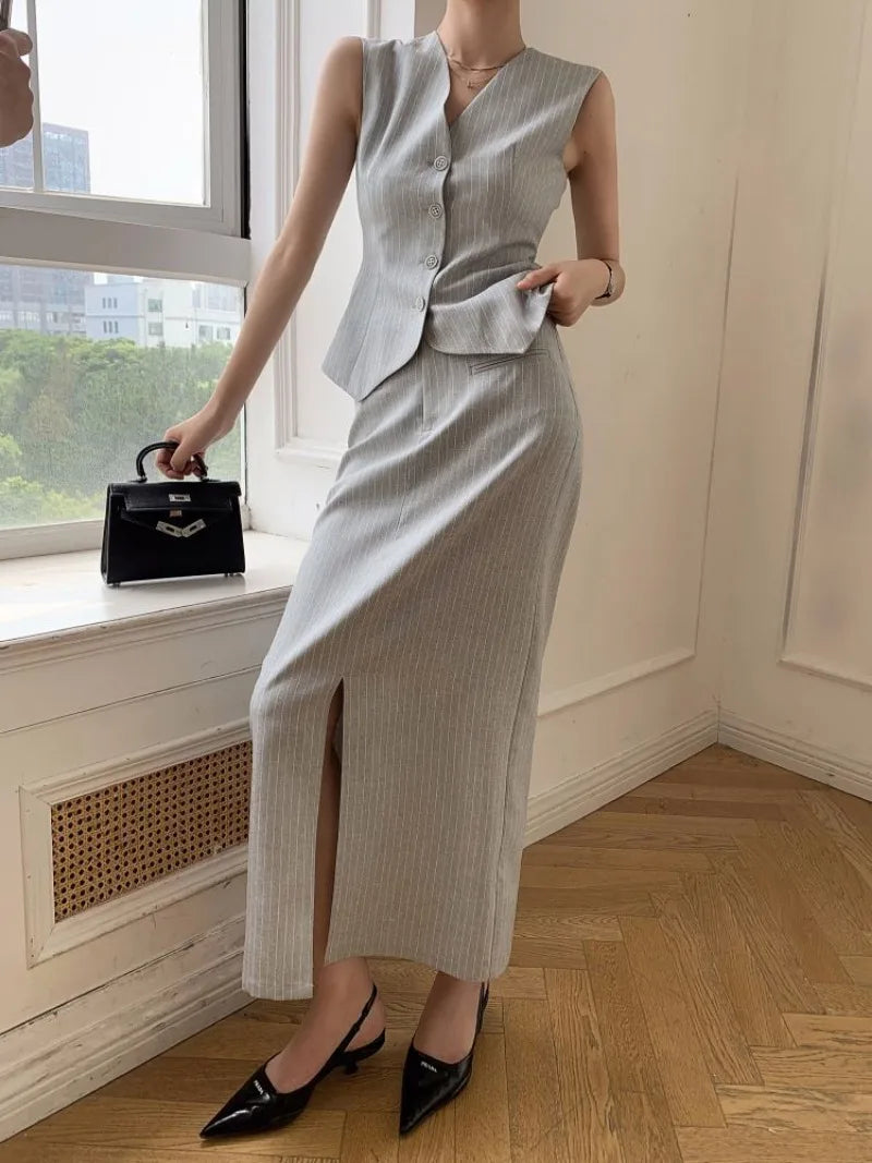 IMIEMIE Sweet Hot Girl Grey Striped Suit Women's Summer Sleeveless Vest High Waist Split Long Skirt Two-piece Set Fashion Female Clothes