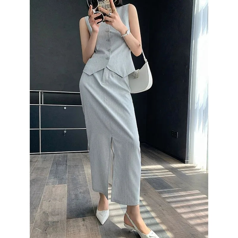 IMIEMIE Sweet Hot Girl Grey Striped Suit Women's Summer Sleeveless Vest High Waist Split Long Skirt Two-piece Set Fashion Female Clothes