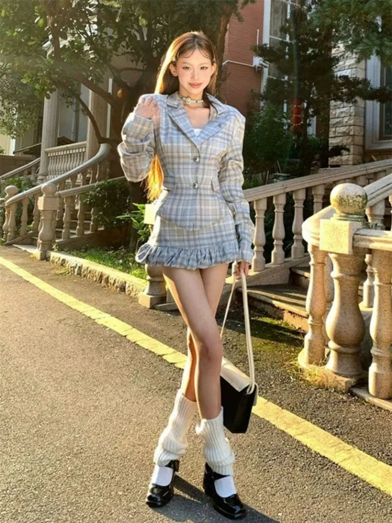 IMIEMIE Sweet Hot Girl Preppy Style Suit Women's Spring Suit Jacket High Waisted Flower Bud Skirt Two-piece Set Fashion Female Clothes