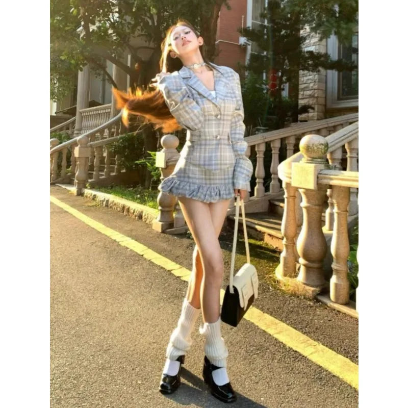 IMIEMIE Sweet Hot Girl Preppy Style Suit Women's Spring Suit Jacket High Waisted Flower Bud Skirt Two-piece Set Fashion Female Clothes