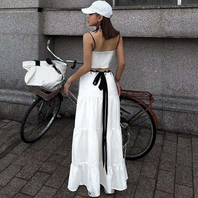 IMIEMIE Sweet Hot Girl Pure Sexy Suit Women's Summer Short Strap Vest High Waist Lace-up Long Skirt 2-piece Set  Fashion Female Clothes