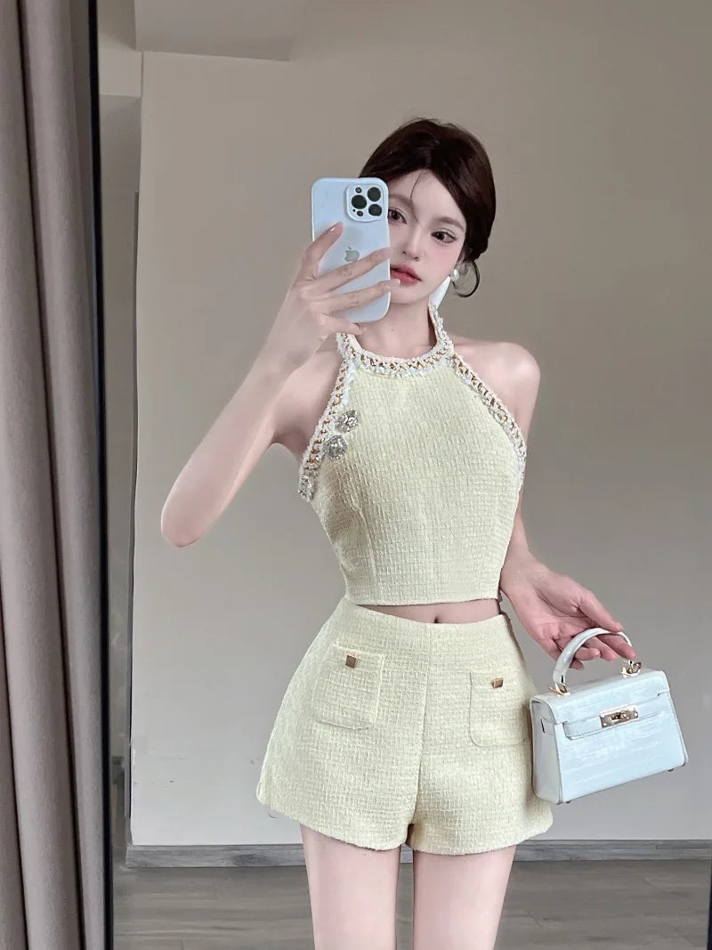 IMIEMIE Sweet Hot Girl Sexy Suit Women's Summer Chain Woven Halter Neck Vest High Waisted Shorts Two-piece Set Fashion Female Clothes