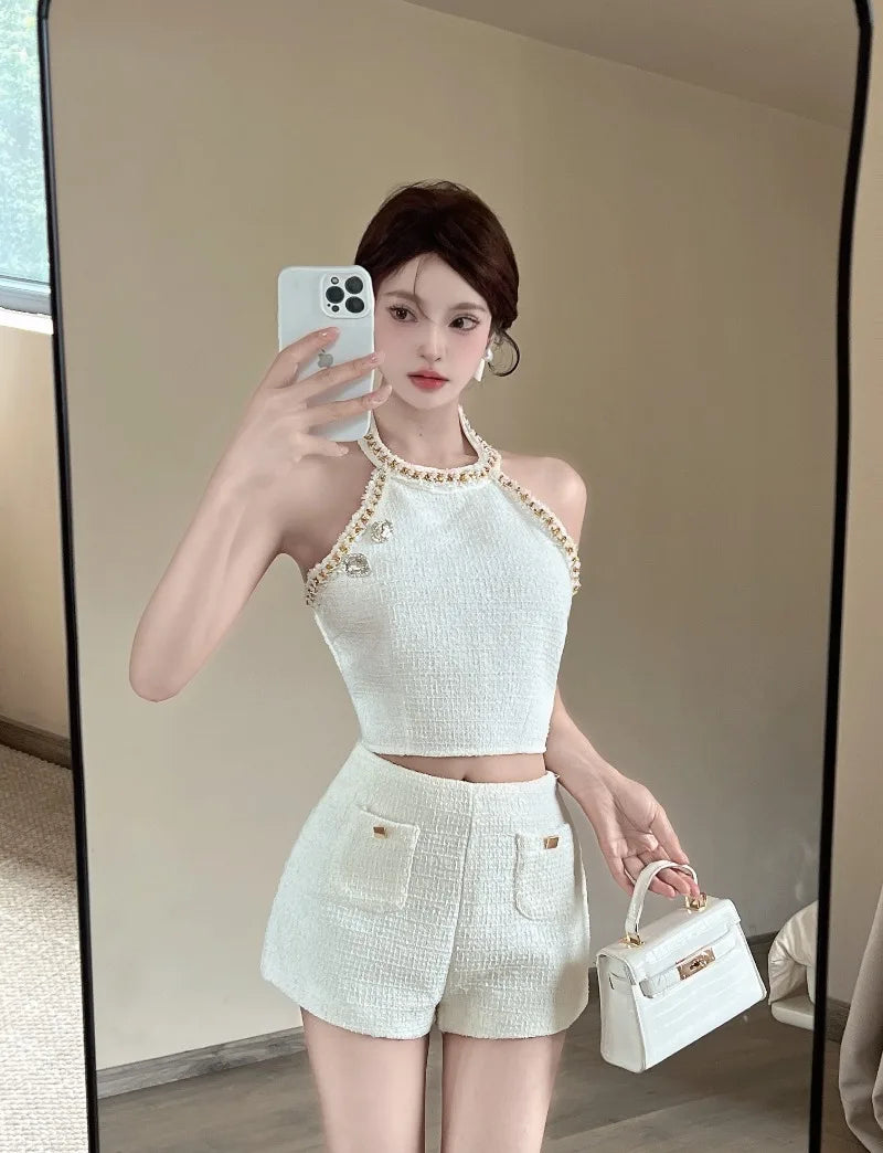 IMIEMIE Sweet Hot Girl Sexy Suit Women's Summer Chain Woven Halter Neck Vest High Waisted Shorts Two-piece Set Fashion Female Clothes