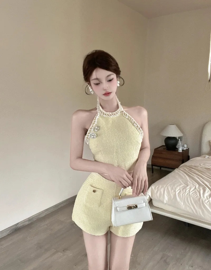 IMIEMIE Sweet Hot Girl Sexy Suit Women's Summer Chain Woven Halter Neck Vest High Waisted Shorts Two-piece Set Fashion Female Clothes