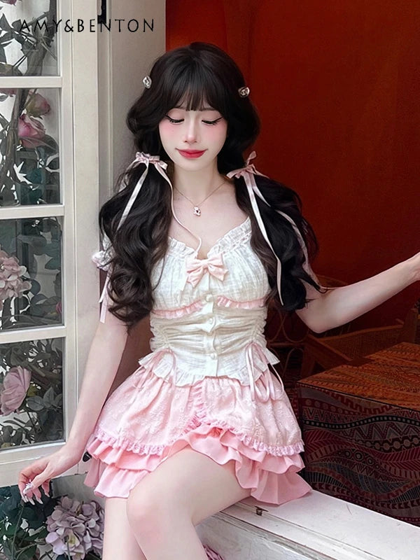 IMIEMIE Sweet Princess Lolita Skirt Sets Women Summer New Cute Bow Slim Top Mini Cake Skirt Y2K Hot Girl Two-Piece Sets Womens Outfits