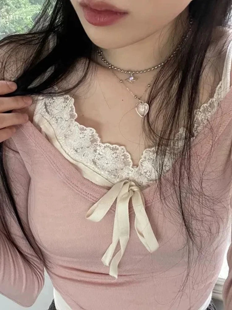 IMIEMIE Sweet Y2K Lace Contrast Patchwork Slim Long Sleeve Pink T Shirt Women 2000s Cute Kawaii Clothes