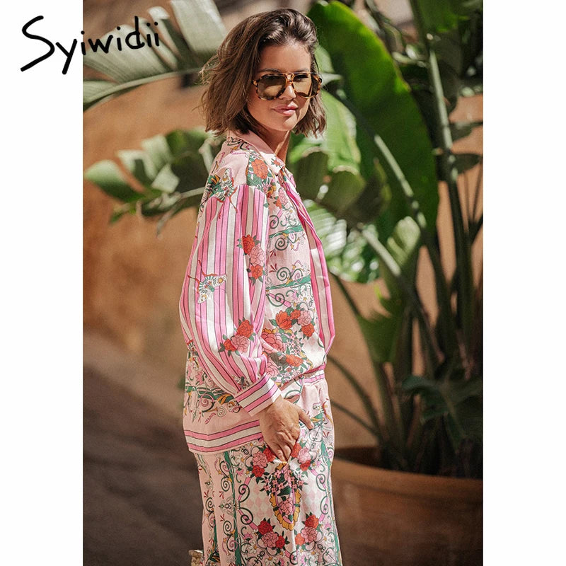 IMIEMIE Syiwidii Fashion Print Women Suit Loose Single Breasted Long Sleeve Shirt Straight Pants Elegant Casual Vacation 2 Piece Sets