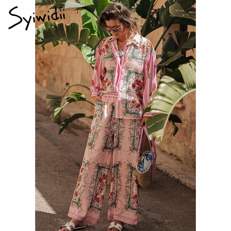 IMIEMIE Syiwidii Fashion Print Women Suit Loose Single Breasted Long Sleeve Shirt Straight Pants Elegant Casual Vacation 2 Piece Sets