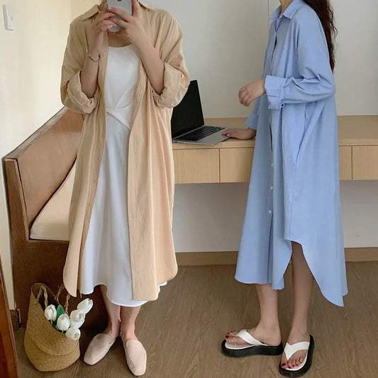 IMIEMIE TFETTERS Long Shirt Dresses Women Korean Fashion Casual Loose Long Sleeve Shirt Women X-Long Knee-length Button Up Coat Shirt