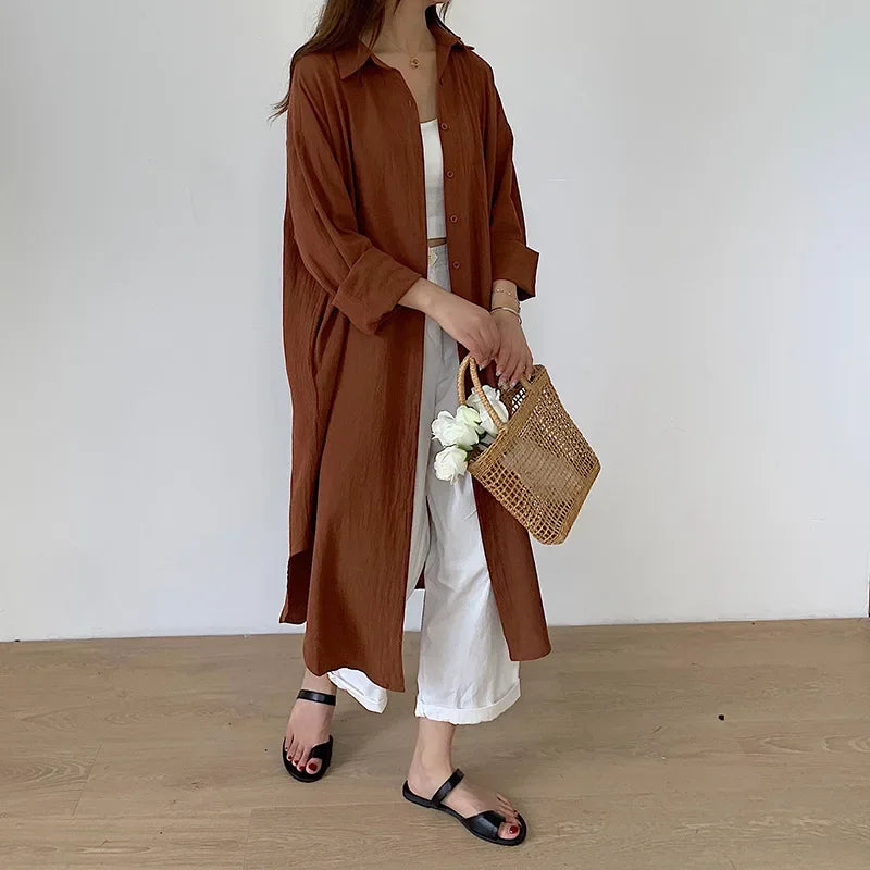 IMIEMIE TFETTERS Long Shirt Dresses Women Korean Fashion Casual Loose Long Sleeve Shirt Women X-Long Knee-length Button Up Coat Shirt