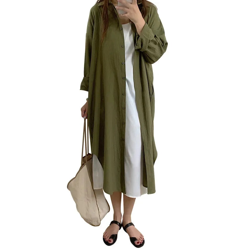 IMIEMIE TFETTERS Long Shirt Dresses Women Korean Fashion Casual Loose Long Sleeve Shirt Women X-Long Knee-length Button Up Coat Shirt