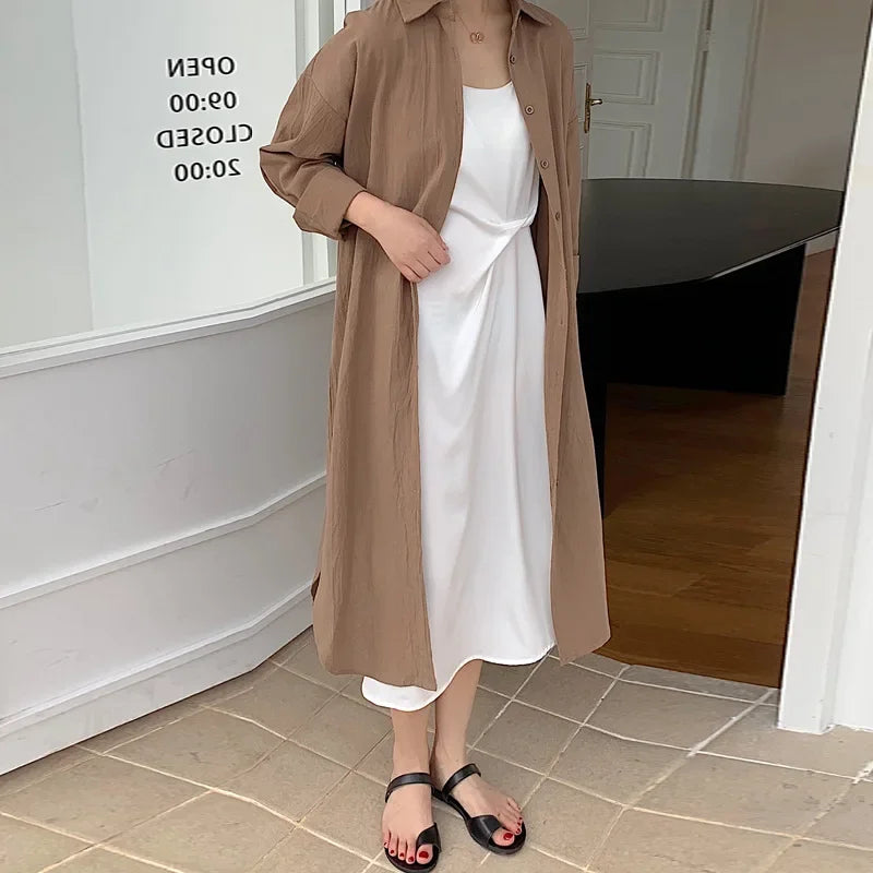 IMIEMIE TFETTERS Long Shirt Dresses Women Korean Fashion Casual Loose Long Sleeve Shirt Women X-Long Knee-length Button Up Coat Shirt