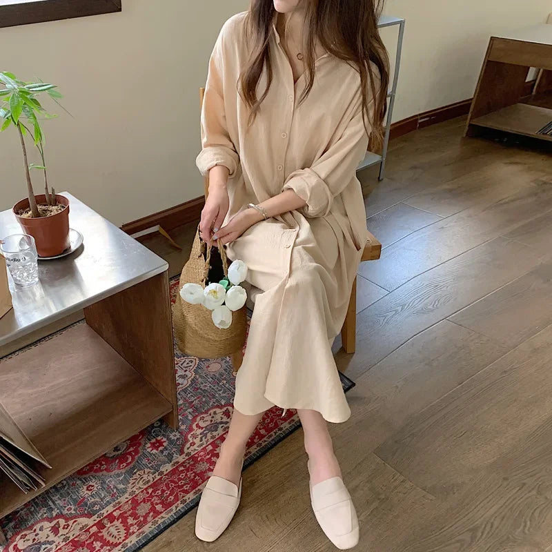 IMIEMIE TFETTERS Long Shirt Dresses Women Korean Fashion Casual Loose Long Sleeve Shirt Women X-Long Knee-length Button Up Coat Shirt